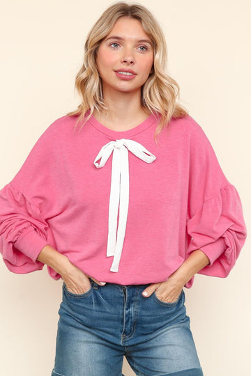 PLUS SOLID WASHED RIBBON BOW DETAIL PULLOVER TOP