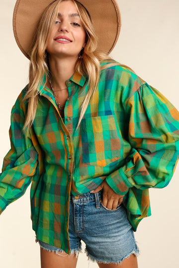 Green Woven Washed Plaid Oversized Top With Pockets