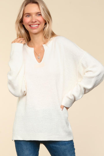 IVORY NOTCHED NECK OVERSIZED SWEATER KNIT HOLIDAY TOP