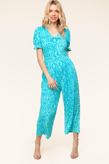 Aqua Ikat Print Knit Jumpsuit W/Side Pockets I