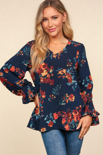 Plus V Neck Floral Print Woven Blouse Top (3pc)