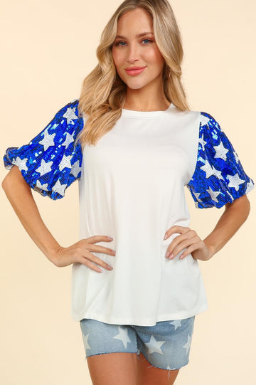 White/Blue Star Sequins Bubble Short Sleeve Knit Top