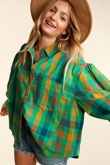 Plus Green Woven Washed Plaid Oversized Top With Pockets