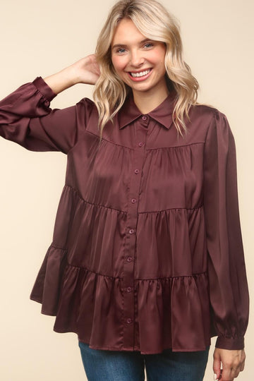 CHESNUT BUTTON DOWN LONG SLEEVE BABYDOLL SATIN HOLIDAY TOP