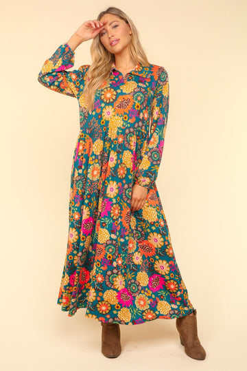 Teal Collared Maxi Floral Dress with Side Pockets