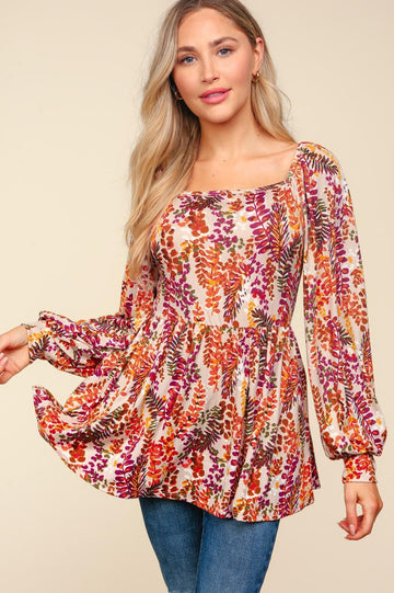 Taupe/Rust Square Neck Babydoll Vintage Floral Knit Top
