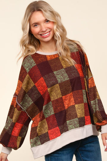 CHOCOLATE DROP SHOULDER COLOR BLOCK PLAID CHECK PRINT