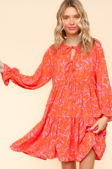 CORAL KNEE LENGTH WOVEN DRESS W/ RIBBON TIED DETAIL