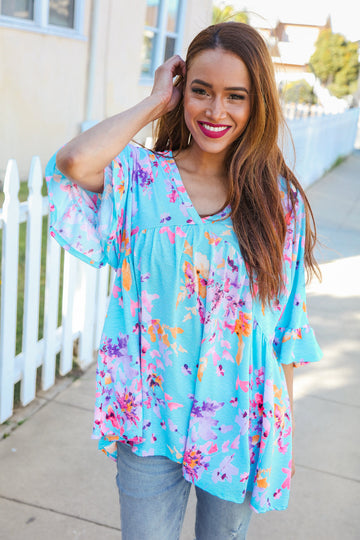 Aqua Floral Crinkled Top