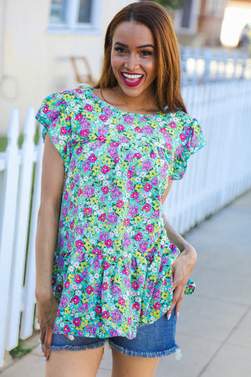 All For You Mint Floral Yoke Flutter Sleeve Keyhole Back Top (Open Pack)
