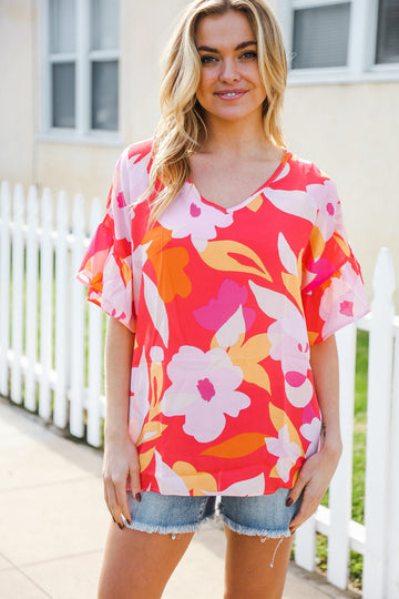 Tropical Vibes Peach Floral Dolman Ruffle Frill Sleeve Blouse (Open Pack)
