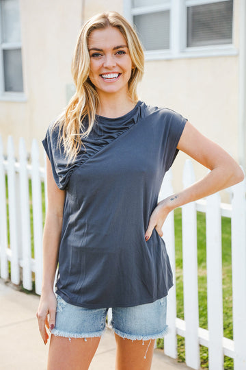 Charming In Charcoal Asymmetrical Shirred Modal Top (Open Pack)