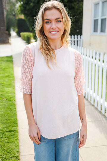 Adorable You Peach French Terry Lace Sleeve Top (Open Pack)