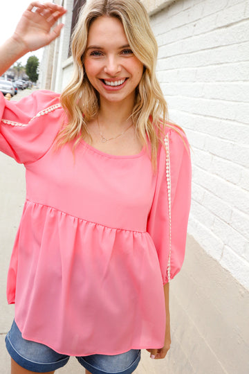 Babydoll Peplum Bubble Sleeve Pom Pom Top