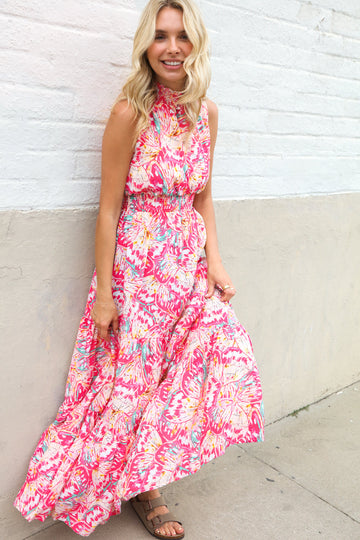Sunny Days Abstract Print Smocked High Neck Sleeveless Maxi (Open Pack)