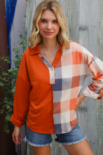 Plus Rust Plaid Button Top