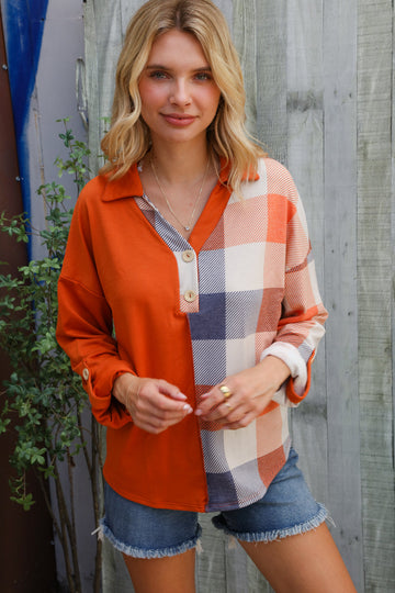 Rust Plaid Button Top