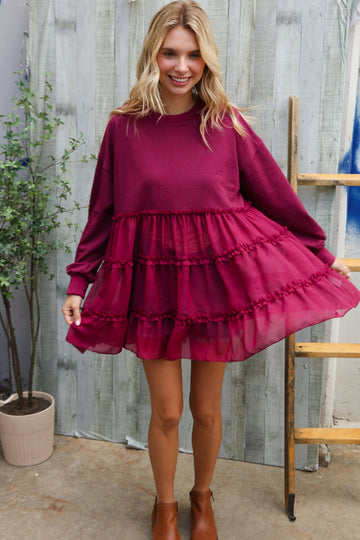 Dark Magenta Woven Tiered Design Sweater