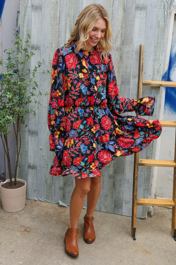 Plus Black Woven Floral Print Dress