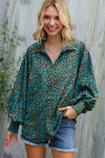 Mocha & Blue Floral Woven Top