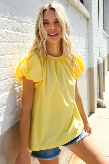 Picture Perfect Yellow Cotton Pleated Puff Short Sleeve Blouse (Open Pack)