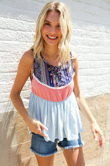 Vacay Vibes Coral/Blue Boho Print Color Block Sleeveless Top (Open Pack)