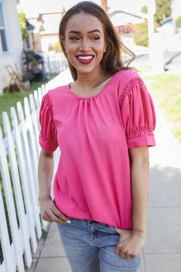 FUCHSIA SOLID WOVEN TOP WITH BACK BUTTON AND KEYHOLE