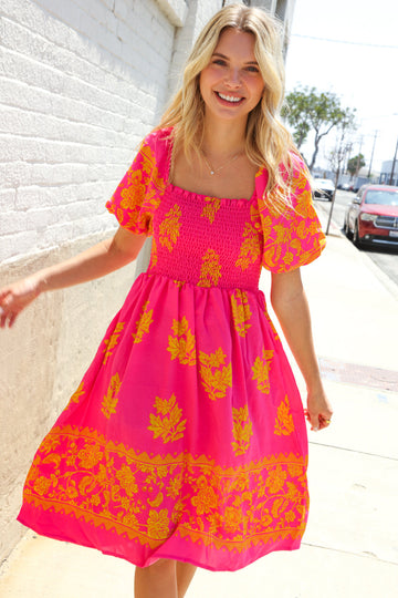 Beautiful You Coral Floral & Border Print Smocked Dress (Open Pack)