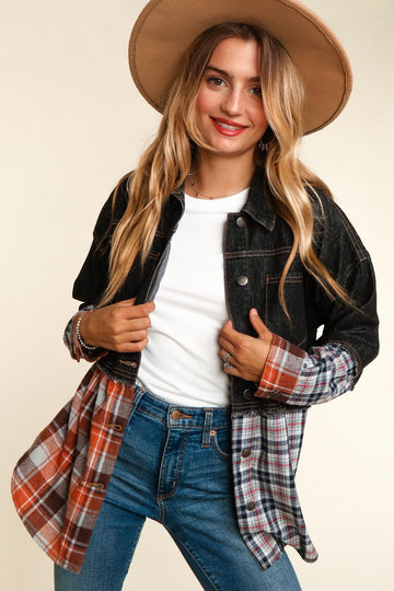 PLUS DENIM PLAID SNAP BUTTON JACKET WITH POCKETS