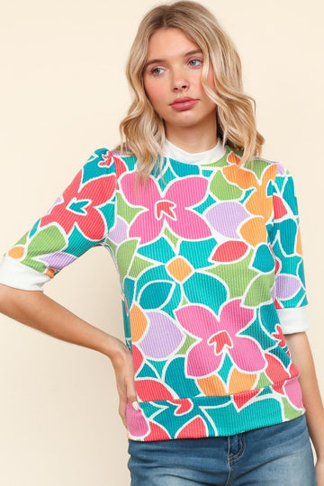 PLUS MINT FLORAL PRINT KNIT TOP WITH BACK BOW TIE DETAIL