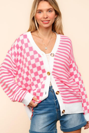 PINK BUTTON DOWN CHECKER STRIPE SWEATER CARDIGAN