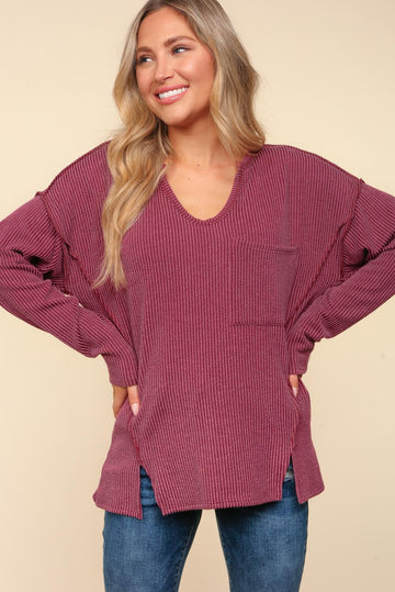 Plus Wine Mineral Washed Rib Top with Slits and Pockets