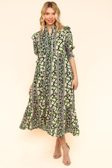 RUFFLED NOTCH NECK BABYDOLL FLORAL MIDI DRESS