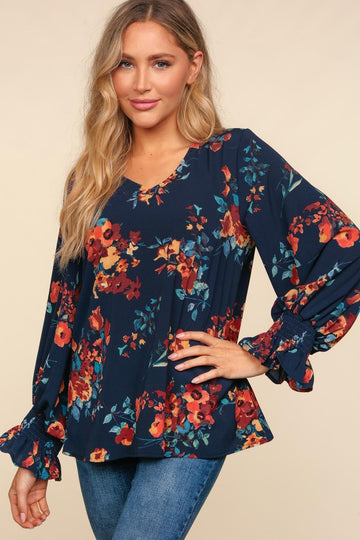 Navy V Neck Floral Print Woven Blouse Top