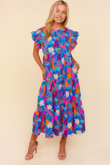 Plus Ruffle Frill Short Sleeve Maxi Tropical Dress (3-1-0)