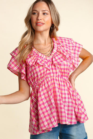 Fuchsia Plaid Ruffle Flutter Sleeve Babydoll Blouse
