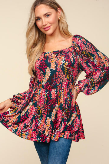 Hunter Green/Berry Square Neck Babydoll Vintage Floral Knit Top