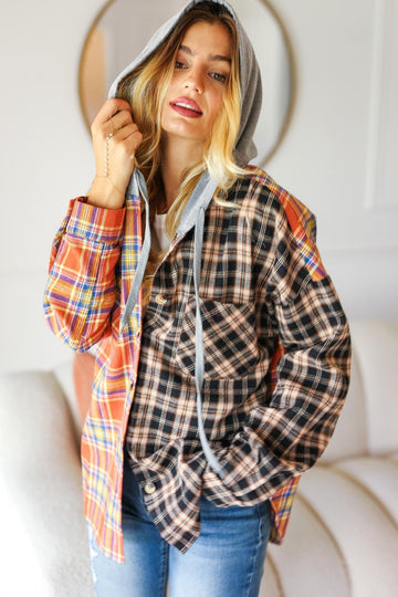 PLUS PLAID CHECK OVERSIZED JACKET WITH HOODIE