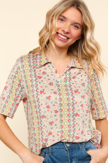 VINTAGE FLORAL COLLARED NOTCH NECK KNIT TOP