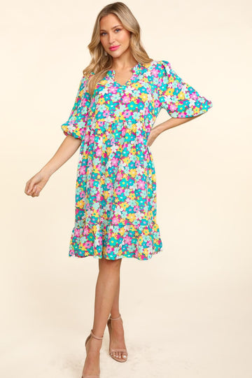 BUBBLE SLEEVE BABYDOLL FLORAL WOVEN DRESS (2-2-0)