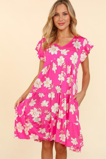 Plus Fuchsia V Neck Babydoll Floral Print Pocketed Dress