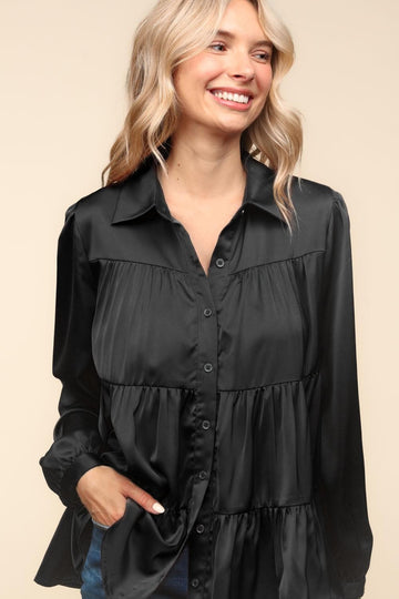BLACK BUTTON DOWN LONG SLEEVE BABYDOLL SATIN HOLIDAY TOP
