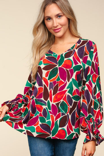 Plus Floral V Neck Smocked Ruffle Hem Sleeve Top