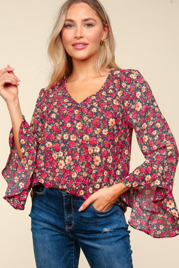 Plus Charcoal Waterfall Hi Low Three Quarter Sleeve Woven
