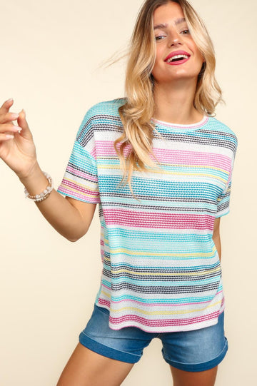 Plus Multi Color Waffle Stripe Loose Fit Top