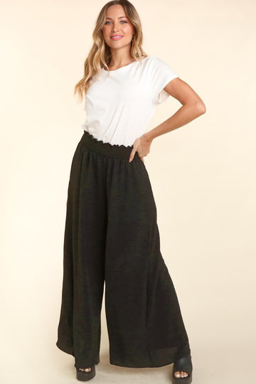 Plus Black Smocked Waist Wide Leg with Side Pockets