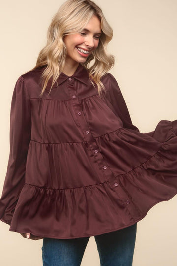 PLUS CHESNUT BUTTON DOWN LONG SLEEVE BABYDOLL SATIN HOLIDAY TOP