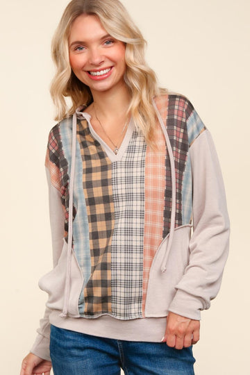 COLOR BLOCK VERTICAL PLAID PRINT PULLOVER TOP