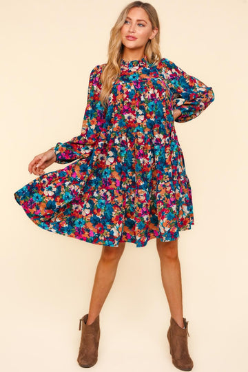 Mock Neck Knee Water Color Floral Dress
