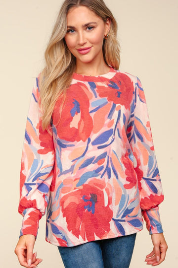 Blush/Red Long Sleeve Floral Brushed Hacci Knit Top